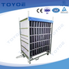 Metal racks stackable, with dust curtains for delicate instruments.