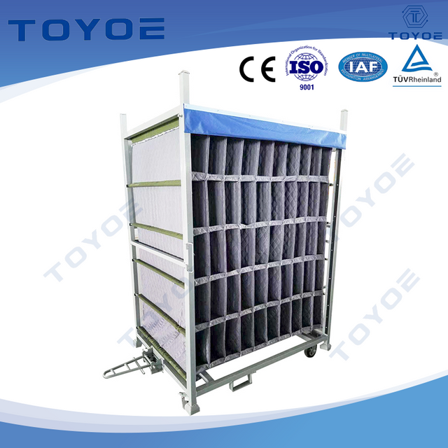 Metal racks stackable, with dust curtains for delicate instruments.