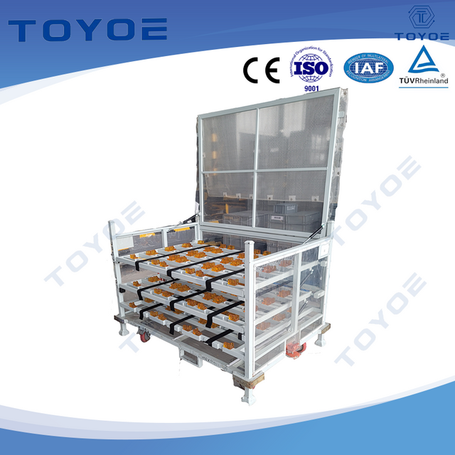 Open-close warehouse system eases female workers' goods retrieval.