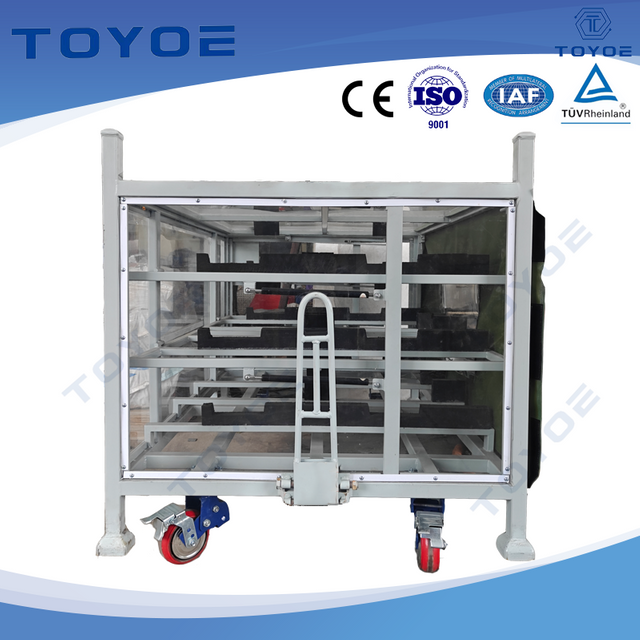 White galvanized racks with wheels for factory use.
