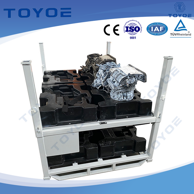 Metal rack packaging ensures safe transport of various automotive parts.