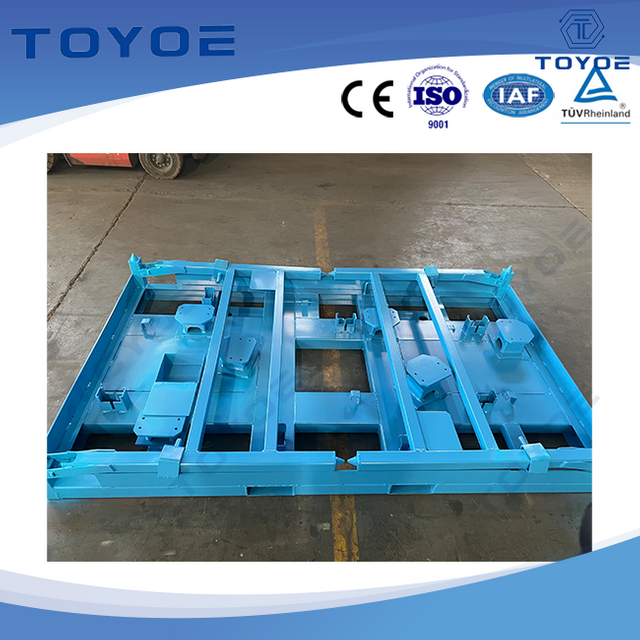 Stackable, Foldable Blue Metal Racks for Factory Use.
