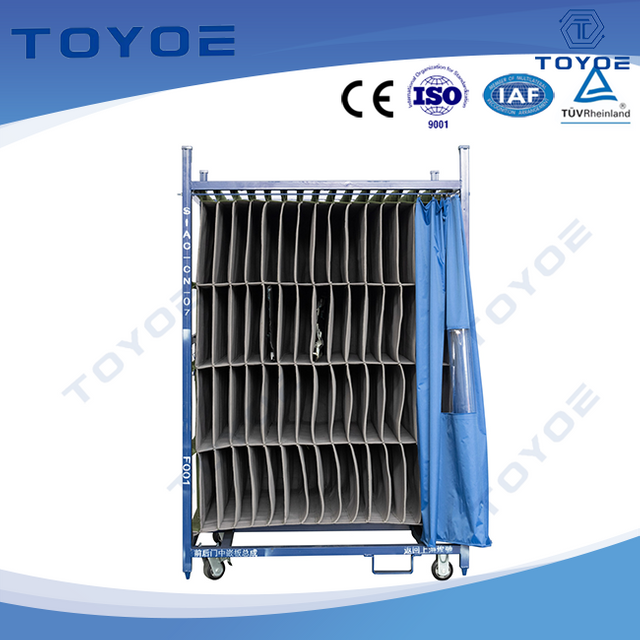 Cloth-lined racks store components for direct factory access.