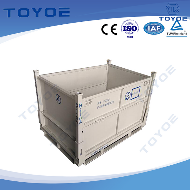 Metal box logo aids forklift handling.