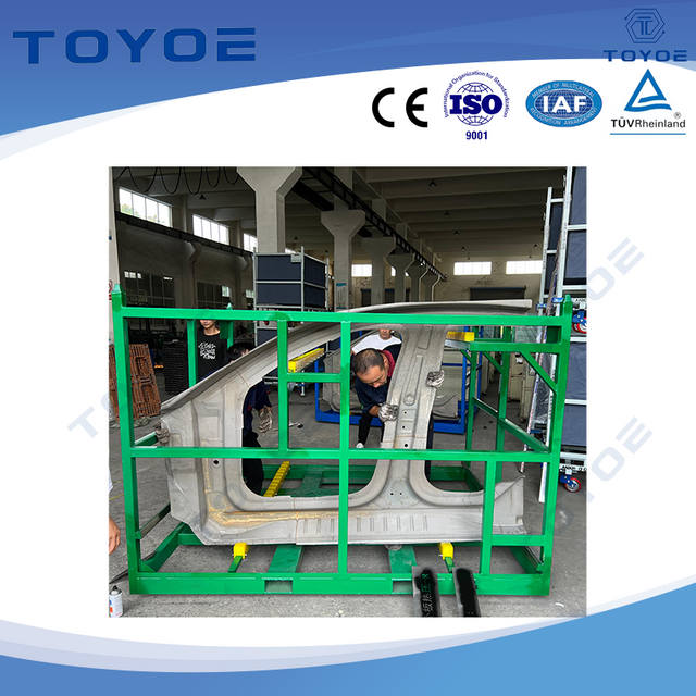 Steel racks store automotive aluminum doors globally compliant.