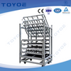 Stackable galvanized racks for auto parts.