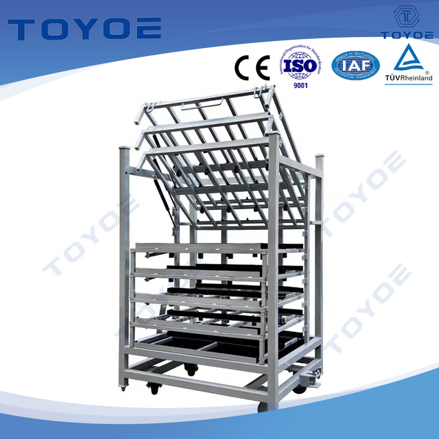 Stackable galvanized racks for auto parts.