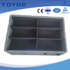 Plastic pallet boxes with liners secure storage of plastic parts.