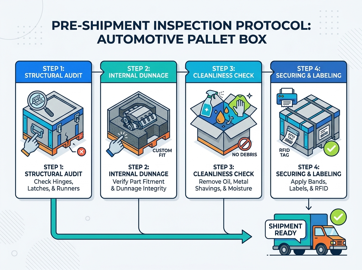 Structural inspection of an automotive pallet box before shipping