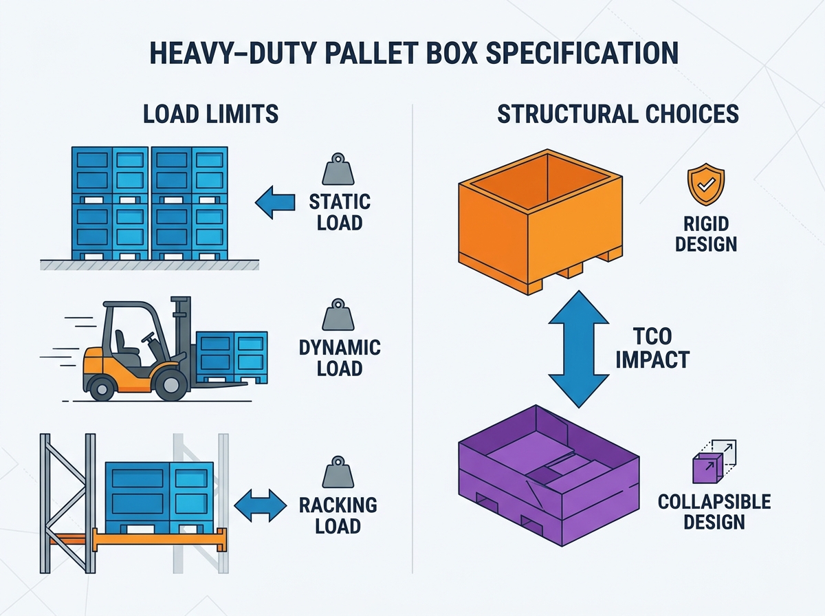 Industrial logistics warehouse displaying stacked heavy duty pallet boxes